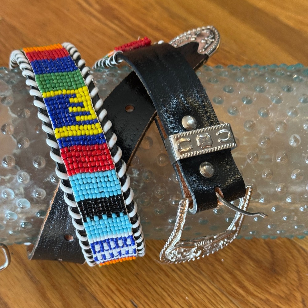 Vintage Western Beaded Leather Belt Black Multicolor Longhorn Bull Buckle 34